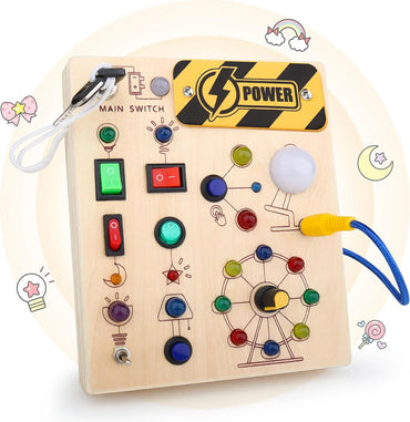 Montessori Wooden LED Switch Busy Board | Button & Sensory Learning Toy for Toddlers (2–6 Years)